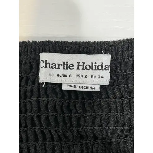 Charlie Holiday Black Puff Sleeve Tie Front Mini Dress XS Smocked Back Cutout