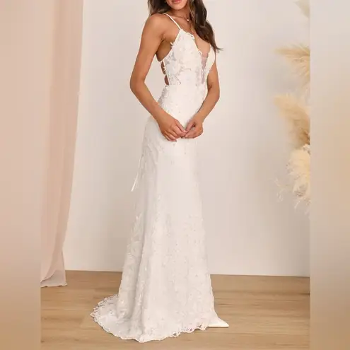 Lulus Enchanting Eternity Ivory Pearl Lace-Up Backless Maxi Dress Women’s Sz 2