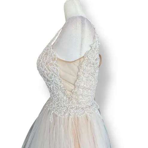 Vienna Prom White Nude Beaded Tulle Ball Gown Plunge Vneck Bridal Prom Dress 4
