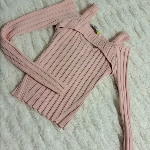 Pink Ribbed Cold Shoulder Sweater top