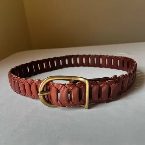 Vintage 90s DKNY Cognac Leather Woven Belt Brass Buckle Small Boho Minimalist Brown Size XS