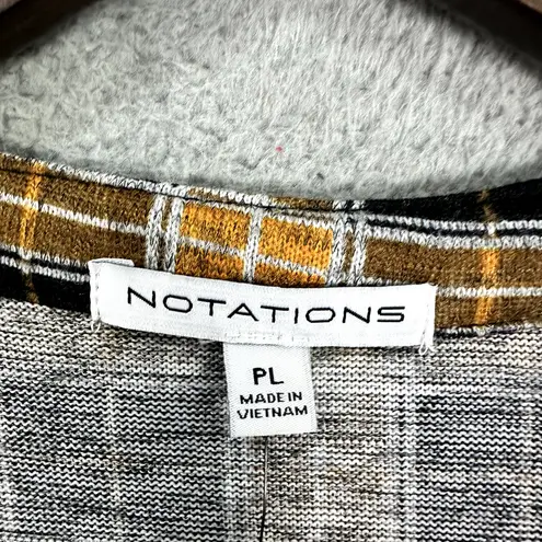 Notations  Popover Top Womens Large Petite Black Plaid 3/4 Roll Tab Sleeve V Neck