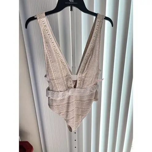 River Island New Peplum High Waist Cut Out One Piece Swim Suit Off White US 8