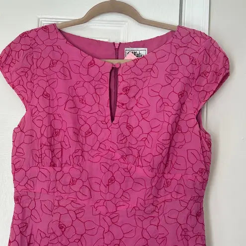 Bob Mackie Studio Silk Cotton Cap Sleeve Keyhole Swing Dress Floral Pink Size 10