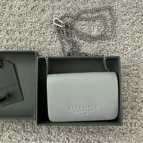ALLSAINTS Honore Leather Card Holder Chain Strap Crossbody GRAY SILVER