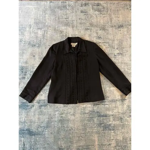 Vintage Blue Ice Black Faux Micro Suede Embroidered Open Front Blazer Size 8 Black