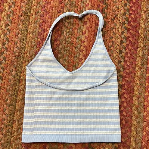 Full Tilt  BLUE STRIPE CROP HALTER SEAMLESS TOP