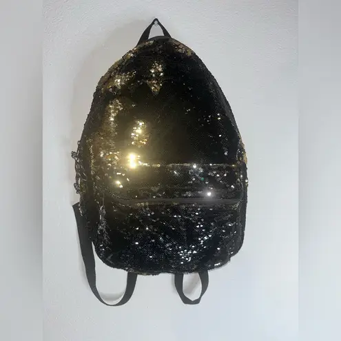 Reversible Black Gold Sequin Pocket Storage Sparkle Shiny AllAround Zip Backpack