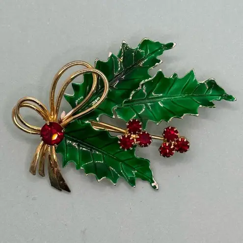 Vintage St. Labre Christmas Holiday Holly Leaf Red Rhinestone Berries Brooch Pin