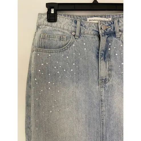 Rebecca Minkoff  100% Cotton Midi Denim Jean Skirt Rhinestone Crystal Light Wash