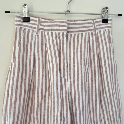 Abercrombie & Fitch Abercrombie Tailored Pleated High Rise Wide Leg Crop Stripe Trouser Tan White