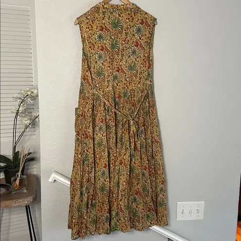 April Cornell Midi Dress Sleeveless Fall Butterfly Cottage Peasant Gauzy Pocket Gold Size L