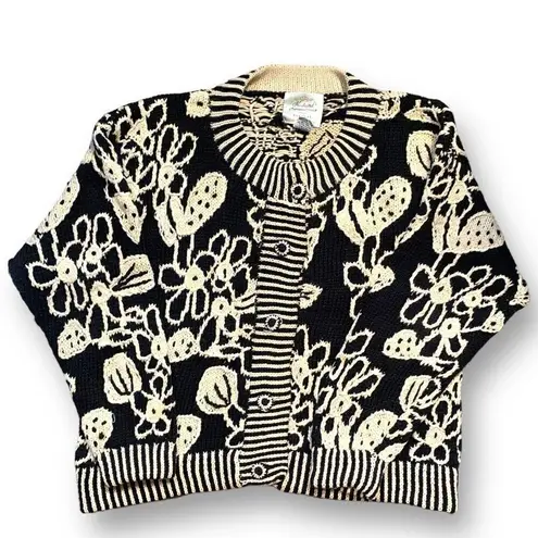 Vintage 90s Cardigan Sweater Round Neck Cropped Knit Black Oatmeal Dark Floral Size XS