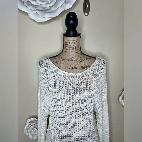 Entro NTM: Open Weave Knit Crochet Layered Lace Cream Tunic Sweater Sz M