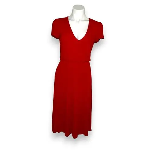 WAYF Red Blouson Short Sleeve Deep V Neck Midi Dress SMALL