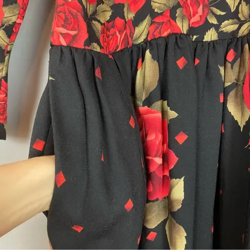 Vintage 80s Floral Dress Roses Dropped Waist Long Sleeve Modest Black Red Retro Size 8
