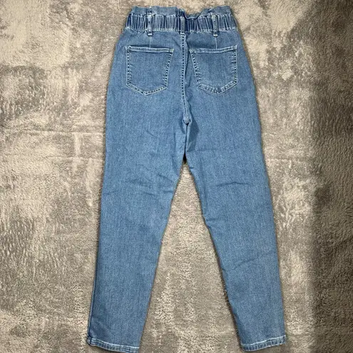 SO Women’s High Rise Mom Jeans Size 7/28 Blue Paperbag Waist Stretch Denim