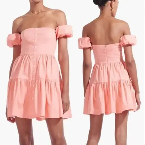 STAUD Elio Cotton Poplin Off-the-Shoulder Tiered Mini Dress Coral Orange Pink 6