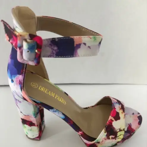 Dream Paris Dream Pairs Floral Hi Lo Open Toe Ankle Strap Chunky Heel Pink White Red Sz 8.5