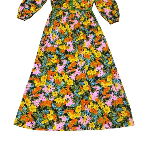 Tori Richard Honolulu Maxi Dress Floral Print Green Trim Long Sleeve Small