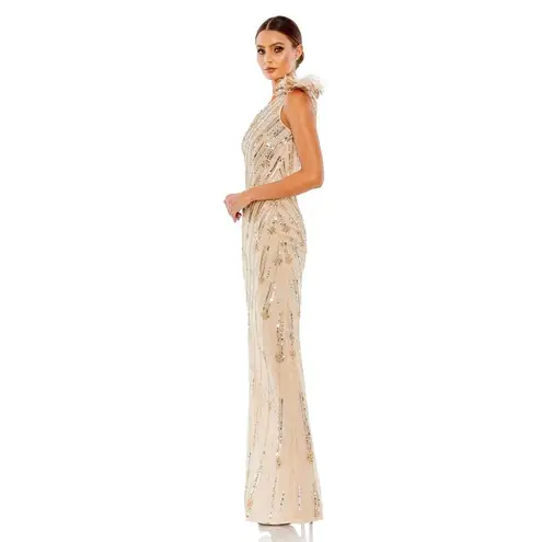 Mac Duggal 93739 Embellished Floral Detail One Shoulder Gown Nude Gold 10 $498