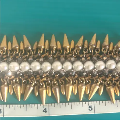 Stella & Dot Edgy Gold Tone Pearl Hematite Encrusted Spike Fringe Bracelet