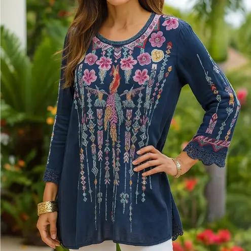 Johnny Was Lulu Heavily Embroidered Georgette Tunic Hummingbirds (oversized) NWT