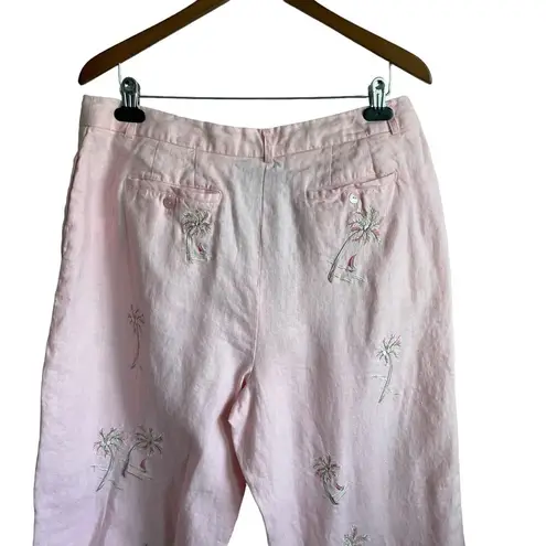 Saint Tropez West  Women Linen Crop Pants Palm Tree Print Size 16 Pink Beachy