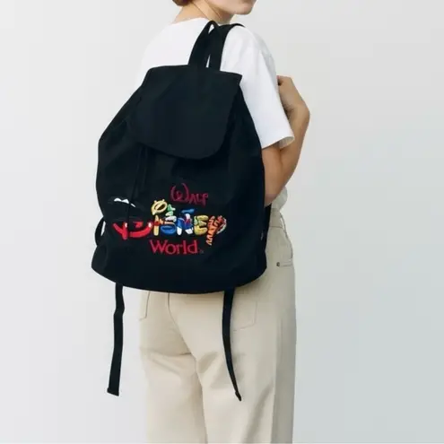 Walt Disney World Black Embroidered Drawstring Book Bag Backpack Character Logo