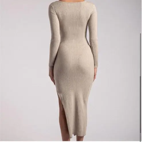 Meshki ✨ Taupe Tan Cali Long Sleeve Ribbed High Slit Midi Sz Large Dress✨