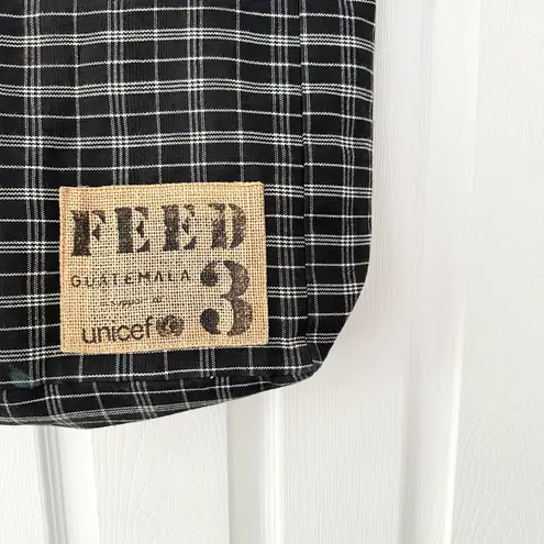 FEED Black White Grid Plaid Brown Leather Strap Tote Bag Nest Artisans