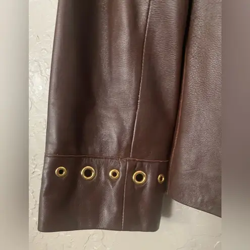 St. John Sport Brown Leather Jacket Coat Gold Grommet Y2K 90’s Style Petite Small)