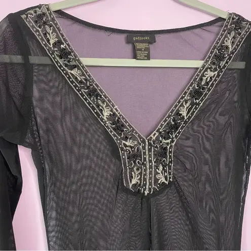 Vintage Gadzooks Size M Black Mesh Beaded Blouse Witchy Whimsigoth Grunge Size M