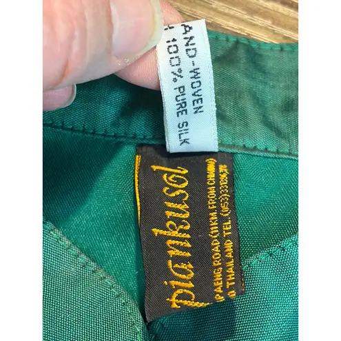 Vintage Thai Silk Emerald Green Dress Handwoven Pianthusol Structured Midi 6–8