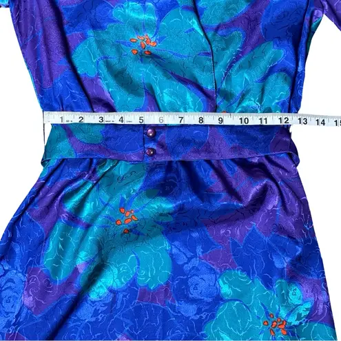 Vintage Floral Jacquard Belted Midi Dress Blue Teal Purple Women’s Small Retro