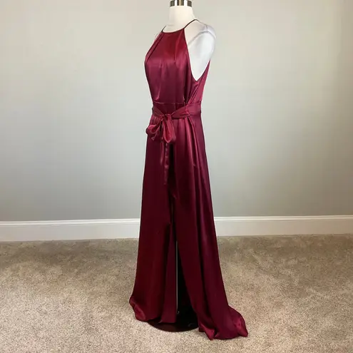 Alex Evenings Wine Red Satin Evening Gown Size 12 A-Line Halter Formal Dress
