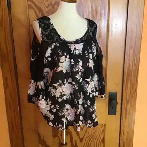 Charming Charlie Black floral lace bohemian cold shoulder top