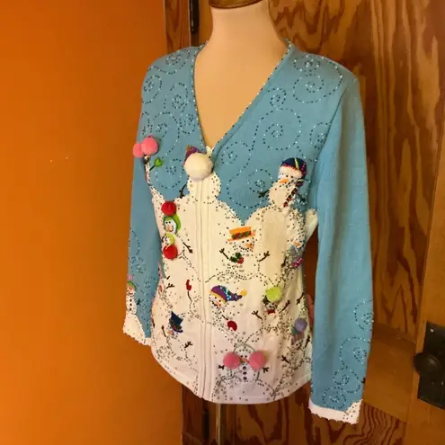 Vtg 90s bright beaded n sequined snowman cardigan Blue Size M