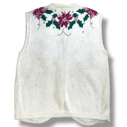 Vintage Lecomte Hand Knit Sweater Vest Sleeveless Cardigan Floral Button Down XL Pink