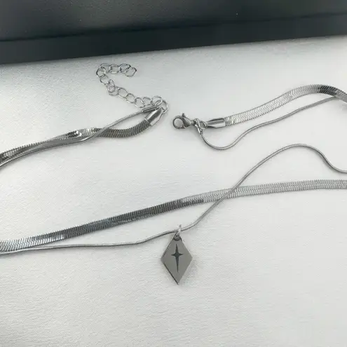 Layered Snake Chain Geometric Rhombus Cross Pendant Necklace for Men Women Silver