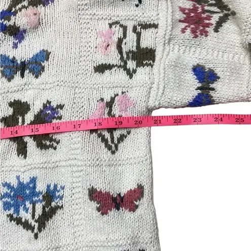 90s Vintage The Weathervane Floral Butterfly Patterned Knit Sweater Cream Large