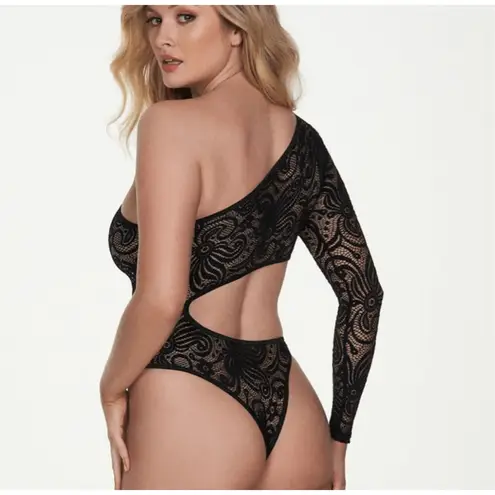 Frederick's of Hollywood Black Lace One Shoulder Cutout Bodysuit Sz Small Kerry