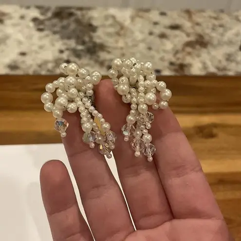 Gorgeous Signed Richelieu Beaded Clip On Crystal / Faux Pearl Earrings