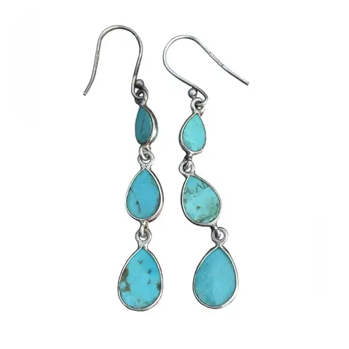 New Sterling Silver Turquoise Teardrop Cabochon Dangle Earrings Blue