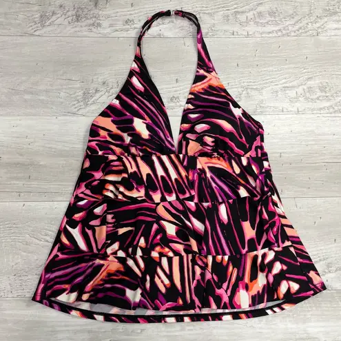 Caribbean Joe  Ruffle Halter Top Tankini Bathing Swim Suit Black Pink 14