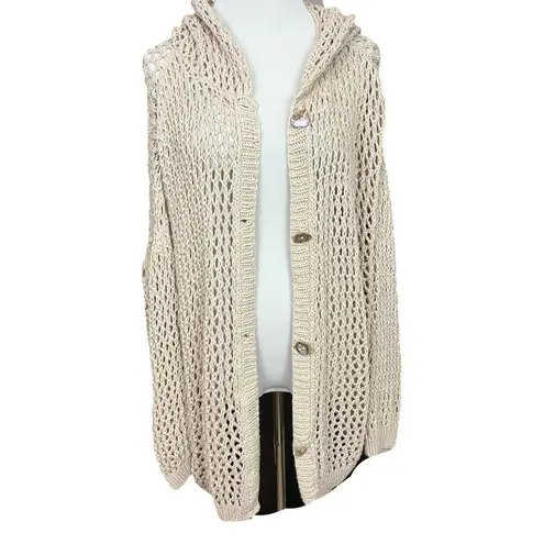 Mikka Boho Hand Knit Slouchy Open Knit Hooded Cardigan Sweater OS Tan Size undefined