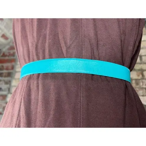 belt vegan leather blue aqua teal goldtone geometric slant buckle 1980s