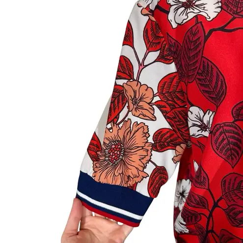 Warm NY Floral Top with Contrast Striped Rib Trim Blue Size M