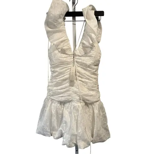 Monique Lhuillier ML Floral Organza Mini Drop Waist Ruched Party Dress 8 White