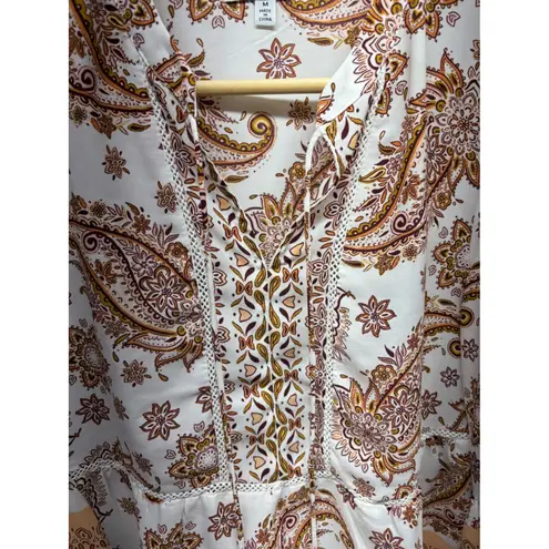 Fever Paisley Print Blouse Top Womens Medium 3/4 Sleeve Tie Neck Boho Chic White